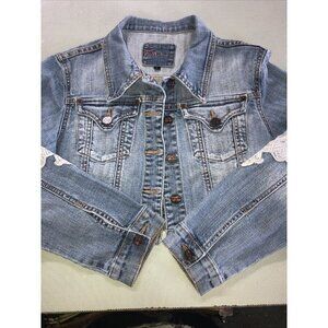 Fried Denim Blue Cropped Jean Jacket w Lace Applique Womens Size Large
